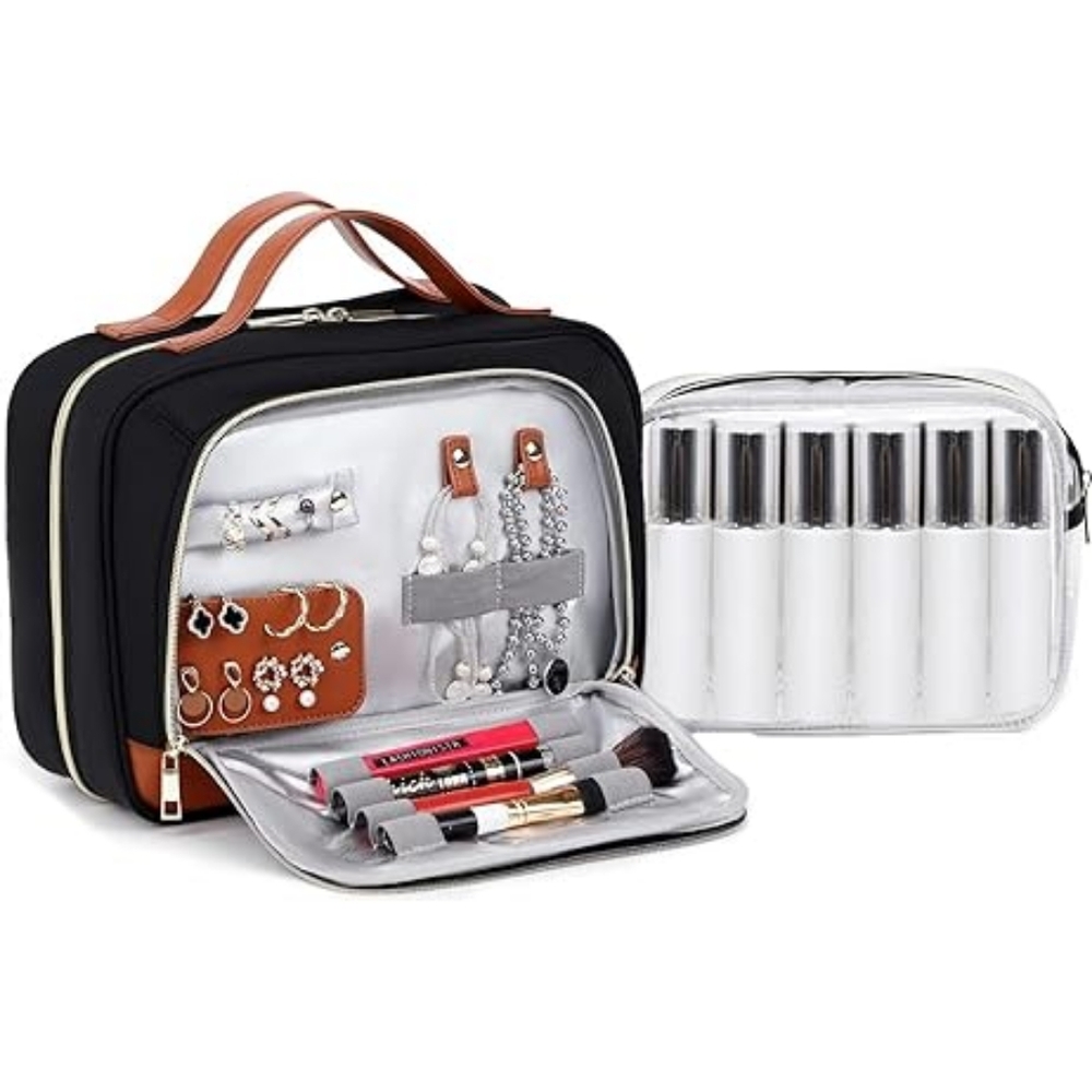 Stuery Women's Black Multiple Compartment Travel Make-up & Jewelry Organizer Bag